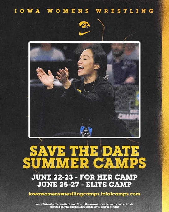 Graphic with the women's wrestling head coach telling the audience about summer camps coming up.