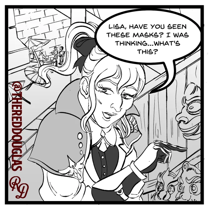 Black and white comic panel featuring Jean from Genshin Impact leaning over a stall displaying masks at the Lantern Rite. Her head is turned to the side as she asks, "Lisa, have you seen these masks? I was thinking...what's this?"