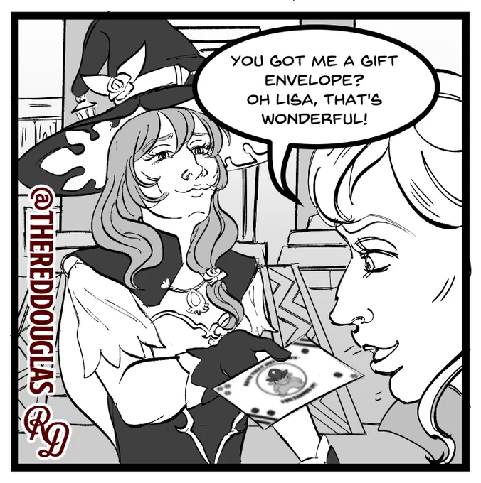 Lisa calmly hands Jean a gift envelope. Jean replies with. "You got me a gift envelope? Oh Lisa, that's wonderful!"