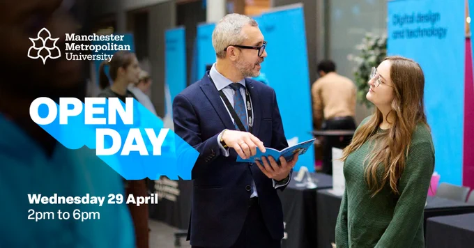 An Open Day visitor is listening to an academic speaking. The Manchester Metropolitan University logo is in the top left corner and the text underneath says "Open Day, Wednesday 29 April, 2pm to 6pm"