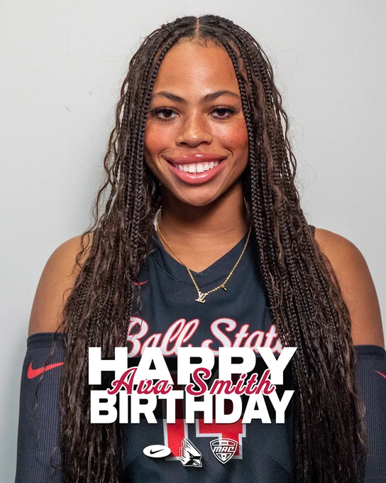 A posed headshot of Ball State women’s volleyball junior outside hitter Ava Smith with the words Happy Birthday Ava Smith layered above.

Additional logos included in the graphic are white versions of Nike, Ball State Athletics and the Mid-American Conference.

Ball State athletics is sponsored by Nike and Ball State volleyball is a proud member of the Mid-American Conference.