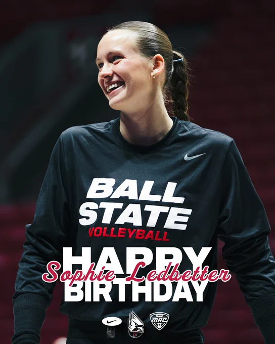 A picture of Ball State women’s volleyball junior Iibero Sophie Ledbetter smiling during warmups prior to a home match in Worthen Arena. The words Happy Birthday Sophie Ledbetter layered above.

Additional logos included in the graphic are white versions of Nike, Ball State Athletics and the Mid-American Conference.

Ball State athletics is sponsored by Nike and Ball State women’s volleyball is a proud member of the Mid-American Conference.