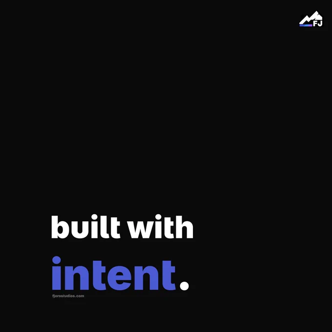 Minimal black design with the text “built with intent.” in bold typography, representing a modern software studio.