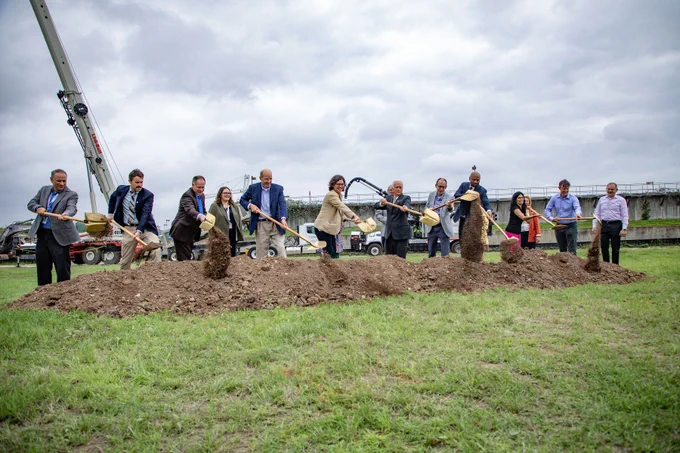 Austin Water and City of Austin leaders using golden shovels to break ground on the Walnut Creek Wastewater Treatment Plant. 