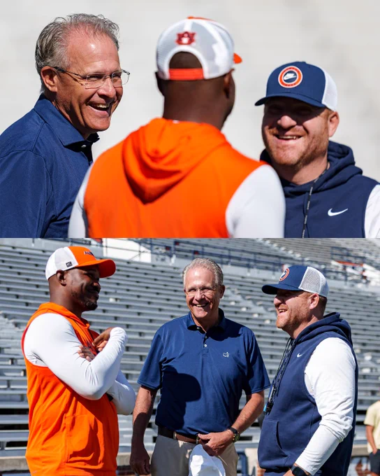 Photos of Head Coach Alex Golesh, Kodi Burns, and Gus Malzahn at Auburn Football Spring Practice