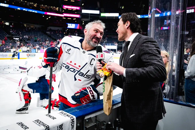 T.J. Oshie interviews Alex Ovechkin pregame. 