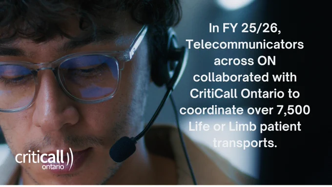 In FY 25/26, Telecommunicators across ON collaborated with CritiCall Ontario to coordinate over 7,500 Life or Limb patient transports.