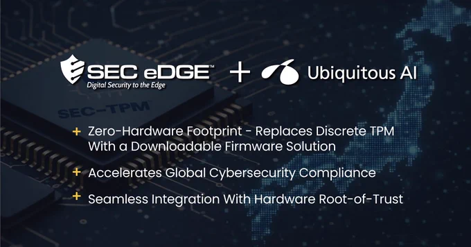 SecEdge and Ubiquitous AI partnership announcement graphic featuring SEC-TPM chip visualization, cybersecurity messaging, and Japan market expansion for embedded firmware TPM solutions.