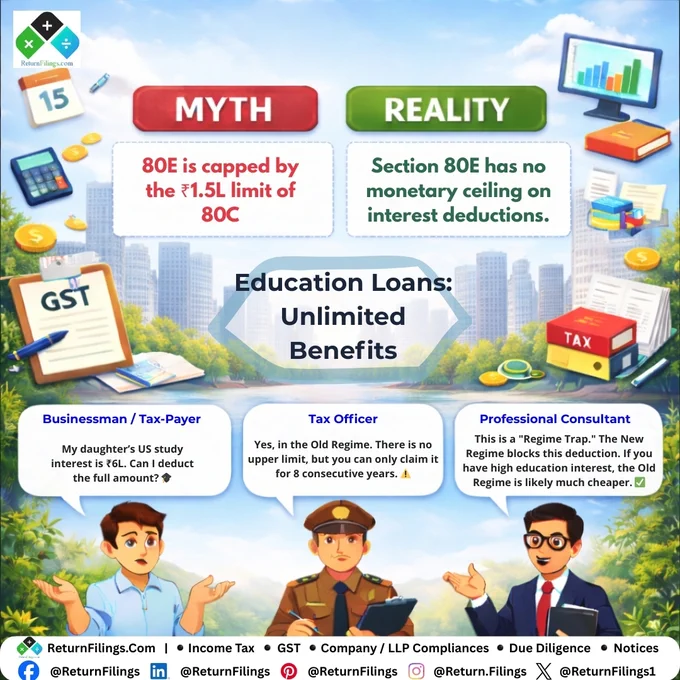 Image provided by ReturnFilings.Com it contains Unlock "Unlimited" tax savings for your education! 🎓✨

The Myth: "My 80C is full, so I can't save tax on my daughter's education loan."
The Reality: Section 80E is separate and has NO LIMIT. If your interest is ₹5L, you deduct ₹5L. No questions asked! 📈💸

Rules for 2026:
1️⃣ 8-Year Limit: You have an 8-year window to claim this from the day you start paying. Don't miss a year! ⏳
2️⃣ The US/Global Factor: Studying abroad? The tax man doesn't mind. The interest is still deductible. 🇺🇸🇬🇧
3️⃣ Regime Trap: You MUST be in the Old Tax Regime. The New Regime says no to 80E. 🛑⚖️

Invest in knowledge, save on tax! 🛡️✅

#ReturnFiling #Returnfilings #TaxSeason #EducationLoan #HigherStudies #TaxHacks #IncomeTaxIndia #StudyGram #CareerGoals