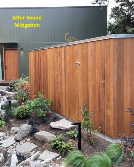 A modern building features a wooden fence and a pathway surrounded by rocks and various plants. Text on the image reads "After Sound Mitigation."