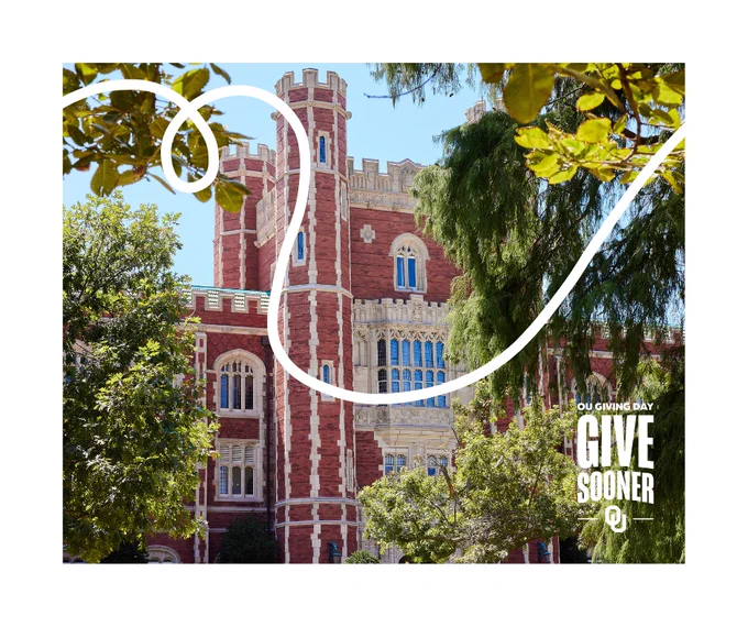 A historic brick building on the University of Oklahoma campus is partially obscured by trees. The foreground features the text "OU Giving Day, Give Sooner" alongside the university logo.