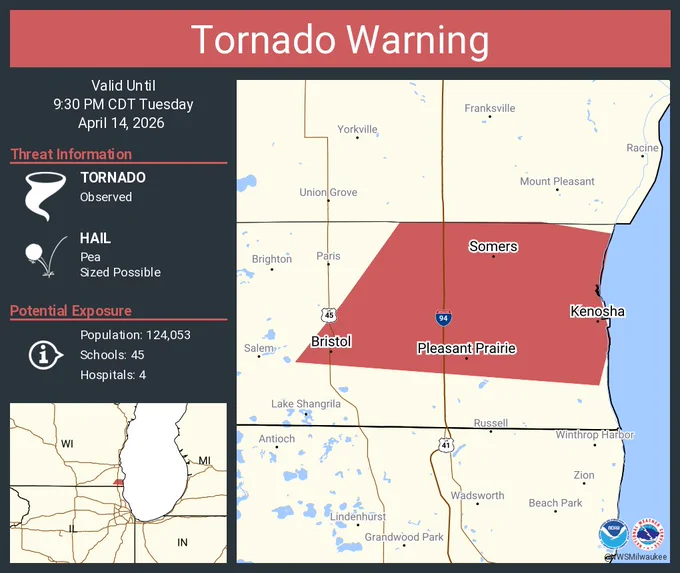 This graphic displays a tornado warning plotted on a map. The warning is in effect until 9:30 PM CDT. The warning includes Kenosha WI, Pleasant Prairie WI and Bristol WI.  This warning is for Northeastern Kenosha County. The threats associated with this warning are a observed tornado and pea sized hail. There are 124,053 people in the warning along with 45 schools and 4 hospitals.
