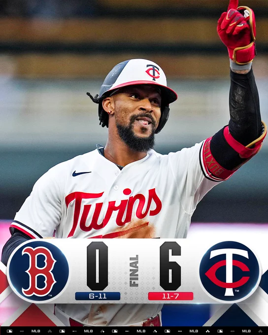 Final Score Graphic 4/14/26
Boston Red Sox 0 (6-11), Minnesota Twins 6 (11-7)

Pictured: Byron Buxton rounds the bases during his first homer in Tuesday's game. He is wearing a home white Twins uniform and a white, blue and red batting helmet.