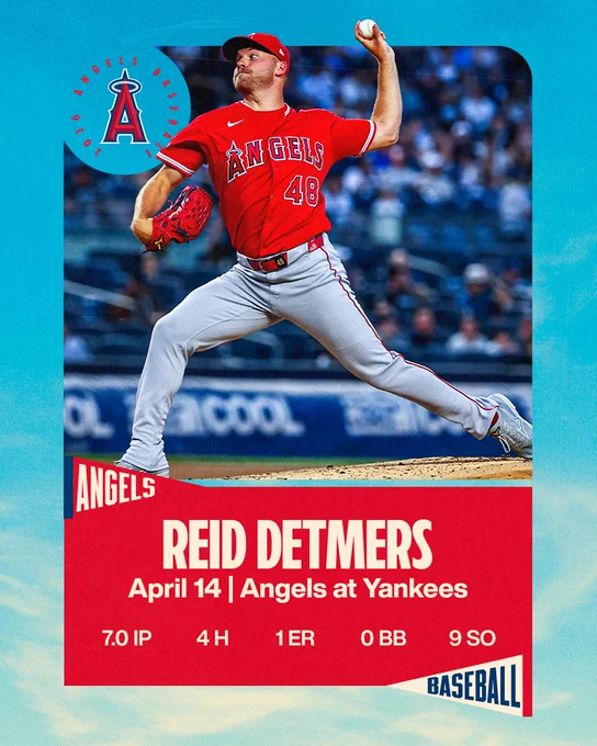 April 14: Angels at Yankees. Reid Detmers Final Line: 7.0 IP, 4 H, 1 ER, 0 BB, 9 SO