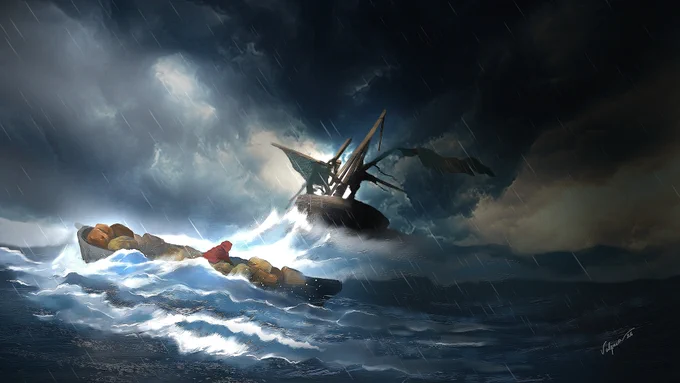 A castaway in a boat with supplies fights the sea, watching his sinking ship in the background.