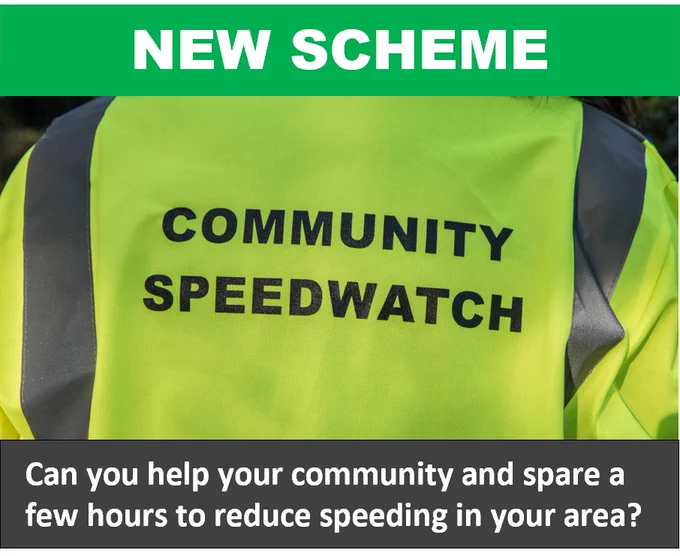Green Banner over top of page with back of speedwatch volunteer wearing a hi-vis jacket with speedwatch printed on back. Text asking if you can help your community and spare a few hours to reduce speeding in your area.