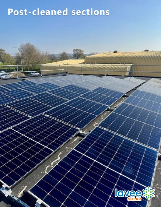 Solar panels on a commercial rooftop showing post cleaned sections alongside untreated panels during an active cleaning programme.