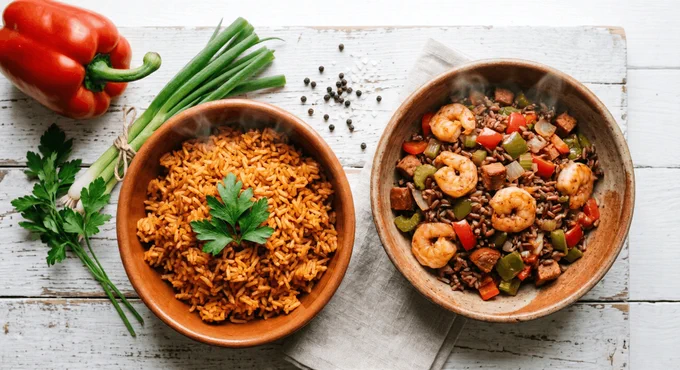 A top-down photograph on a white wooden table shows two ceramic bowls of steaming rice dishes: one with orange Jollof rice garnished with parsley, the other with Jambalaya featuring shrimp, sausage, and peppers. Also visible are a red bell pepper, scallions, parsley, and scattered peppercorns.