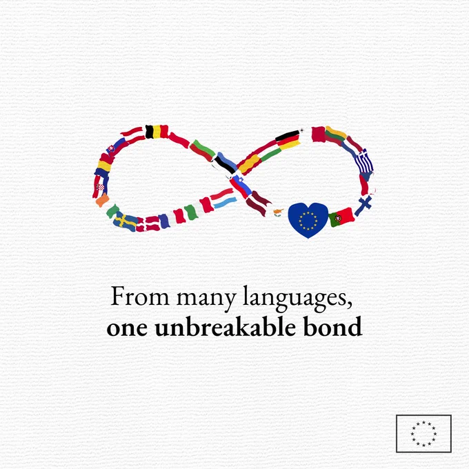 An illustration of an infinity symbol composed of the flags of all 27 EU countries. At the centre-right, a blue heart with the European Union flag is included. Below the symbol, the text reads: "From many languages, one unbreakable bond" with "one unbreakable bond" in bold. In the bottom right corner, there is a small European Union flag in a box outline. 