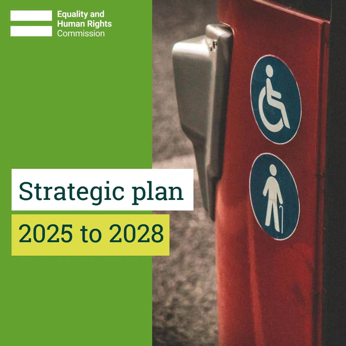 Close-up of a door with accessibility signs for wheelchair and cane users beside the Equality and Human Rights Commission's 2025-2028 strategic plan text.