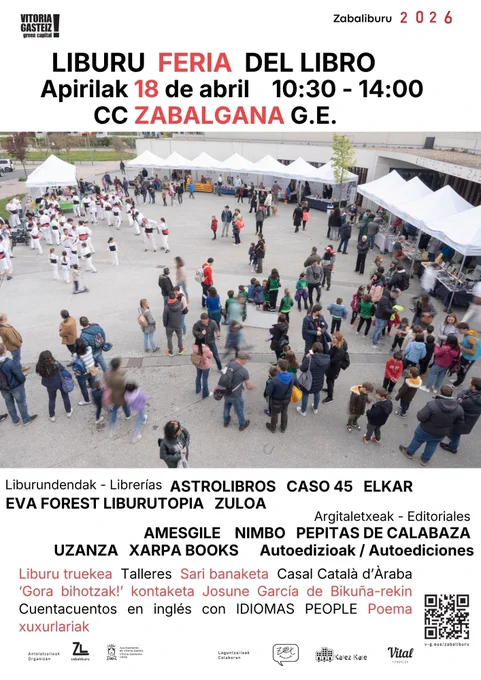 Cartel de la feria del libro. Sábado 18 a partir de las 10:30 en la plaza del centro cívico Zabalgana 