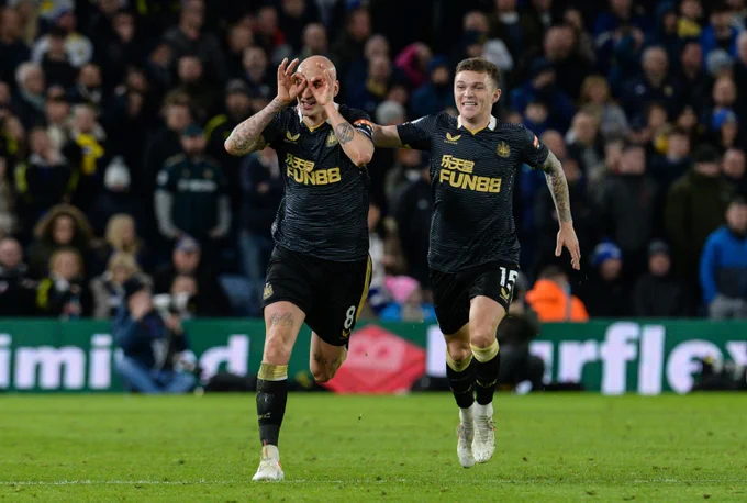 Shelvey celebrates scoring vs Leeds United