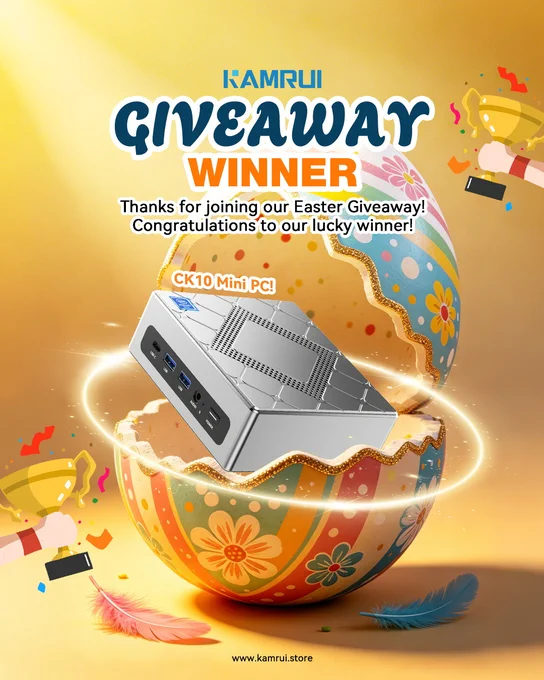 🎉 EASTER GIVEAWAY WINNER ANNOUNCED! 🐰💻

A huge THANK YOU to everyone who joined our KAMRUI CK10 Mini PC Giveaway — we loved reading all your creative ideas! 💙

🏆 Congratulations to our winner: 𝗠𝗮𝗿𝘁𝗶𝗻 𝗔.🎊
You’ve just won a KAMRUI CK10 Intel® Core™ i5-12600H Mini PC 🔥

Please DM us to arrange your prize delivery 📩

💡 Didn’t win this time? Don’t worry — more exciting tech giveaways & surprises are coming very soon… 👀

👉 Make sure you’re following @kamrui_official_store so you don’t miss your next chance to win!

🚀 Want more chances to win & see behind-the-scenes tech setups?
Drop a “💻” in the comments and stay connected with us!

#KAMRUI #GiveawayWinner #MiniPC #TechGiveaway #WinnerAnnouncement #KAMRUICK10 #WorkAndPlay #TechCommunity