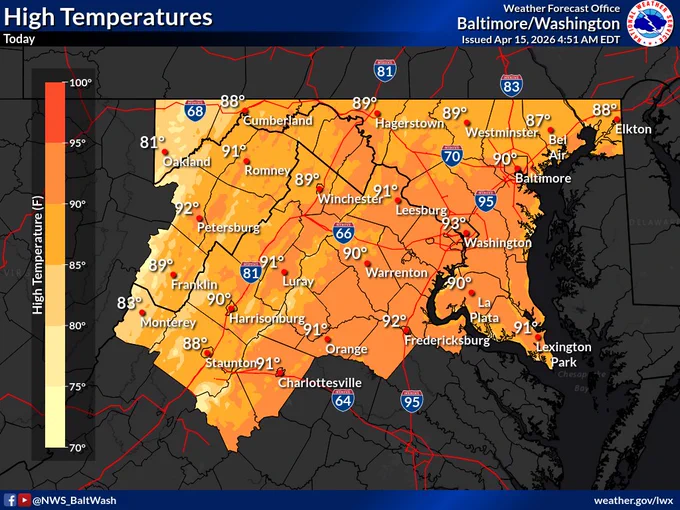 A map showing high temperatures for today.