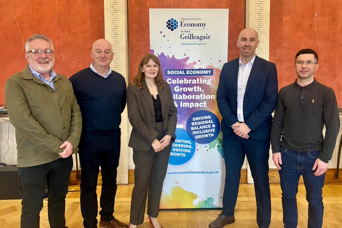Minister is pictured with Charlie Fisher, Development Trusts NI; David Hunter, LEDCOM; Brian O’Neill, Enterprise North West; and Sean Byers, Trademark