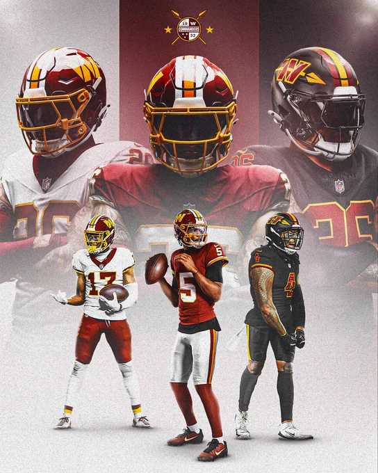 Graphic. It features cutouts of Terry McLaurin, Jayden Daniels and Frankie Luvu all wearing the new Commanders uniforms.