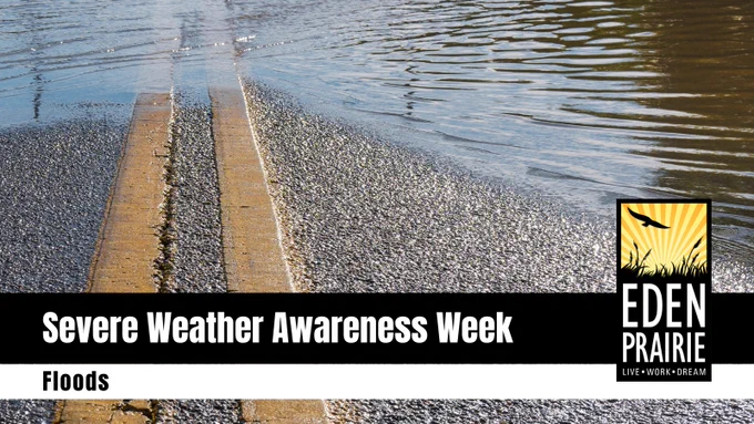 Severe Weather Awareness Week features floods. Background shows water covering most of a paved road. 