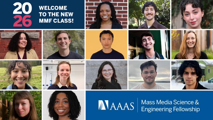 15 colorful headshots of the 2026 AAAS Mass Media Science & Engineering Fellowship class in a grid. Welcome to the New MMF Class! 