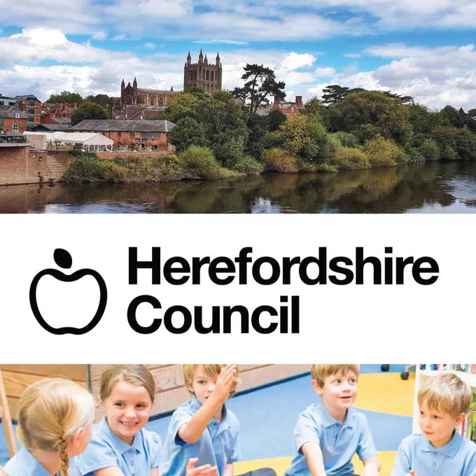A composite image with the Herefordshire Council logo in the centre. Above is a scenic image of Hereford and below is an image of some pupils in a primary school setting in the Herefordshire area.