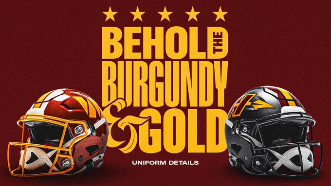Graphic. Text in the middle reads "Behold the Burgundy and Gold." A helmet is on each side. 