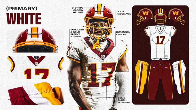 Graphic. Explains the details of the new white uniforms. Terry McLaurin in the center of the graphic.