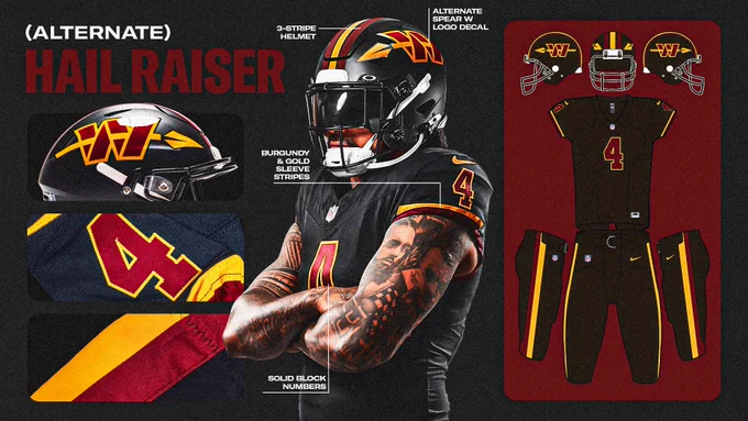 Graphic. Explains the details of the new black uniforms. Frankie Luvu in the center of the graphic.
