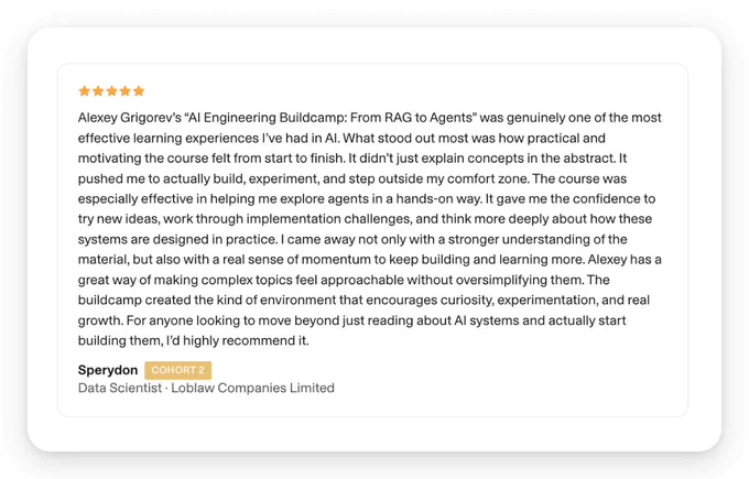 A positive review highlights a data scientist's transformative experience in an AI Engineering Buildcamp, emphasizing hands-on learning and experimentation.