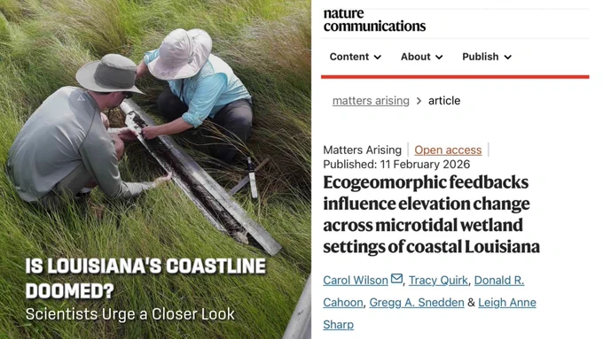 Two researchers conduct field measurements in a coastal marsh in Louisiana, alongside a screenshot of a Nature Communications article on wetland elevation change.