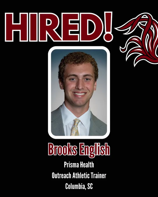 Graphic announcing that Brooks English was hired as an Outreach Athletic Trainer with Prisma Health in Columbia, SC.