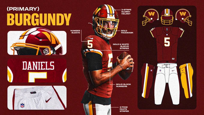 Graphic. Explains the details of the new burgundy uniforms. Jayden Daniels in the center of the graphic.