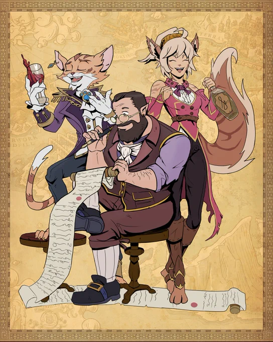 Grigsby is handling a lengthy scroll for Tax Day with Avarice and Sylvie in the background singing and drinking.