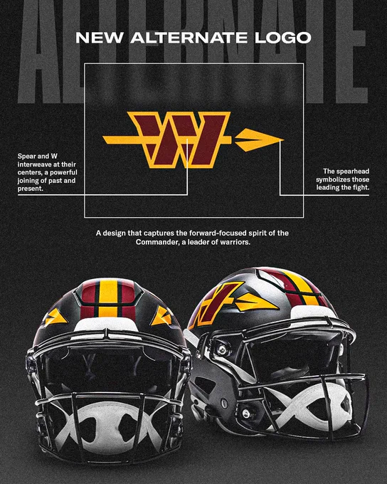 Graphic. The top reads "New alternate logo." Int he center is the W with a spear going through it. At the bottom is the black helmet with the alternate logo on the side. 