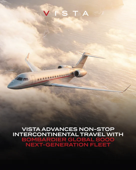 A VistaJet branded silver and red aircraft flying through the air. The aircraft is a new Global 8000 aircraft from Bombardier, celebrating the introduction of these planes to the Vista Members' fleet