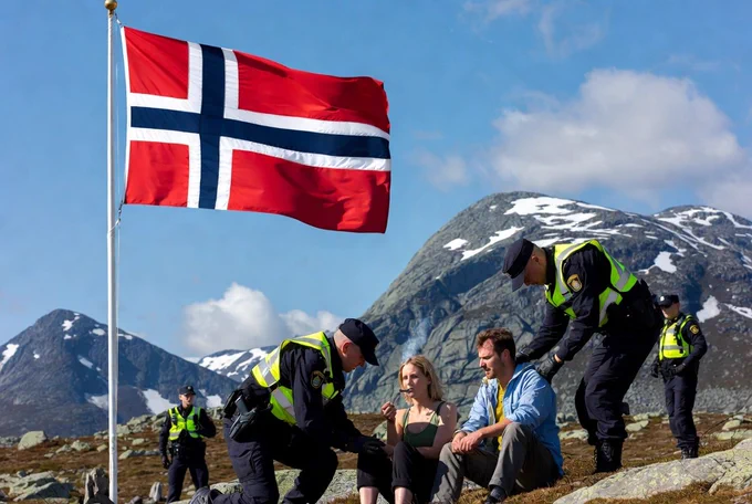 Bildet viser uberørt norsk natur med fjell, fjord og skog i bakgrunnen, norske flagg som vaier i vinden, og i forgrunnen en gruppe politifolk som arresterer et ungt kjærestepar midt i å dele en joint.
