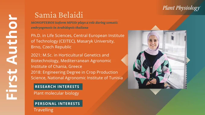 Samia Belaidi is the First Author of MONOPTEROS isoform MP11ir plays a role during somatic embryogenesis in Arabidopsis thaliana, published 20 November 2025. Belaidi is a Ph.D. in Life Sciences, Central European Institute of Technology (CEITEC), Masaryk University, Brno, Czech Republic. Educational background includes: 2021: M.Sc. in Horticultural Genetics and Biotechnology, Mediterranean Agronomic Institute of Chania, Greece 2018: Engineering Degree in Crop Production Science, National Agronomic Institute of Tunisia. Research interests include
Auxin, Histone acetylation, Plant tissue culture, Plant cell pluripotency, Somatic embryogenesis. Personal interests include Film Music, Cinematography, Nature exploration and travel, Collector plants, History of lost civilizations.