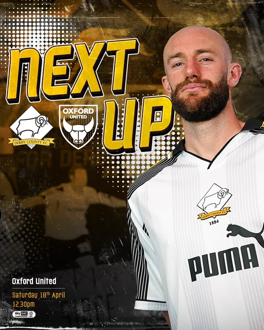 A graphic promoting Derby County's upcoming Sky Bet Championship match against Oxford United on Saturday 18th April 2026 (12:30pm kick-off).

The graphic includes a matchday image of Matt Clarke in a retro Derby County's PUMA Home shirt.