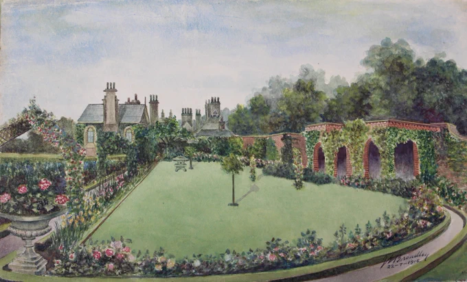 A vintage postcard featuring a painting of the original walled garden at Lotherton Hall in full bloom.