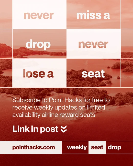 Grid with red-tinted aerial view of islands. Text overlay states: "never miss a drop, never lose a seat." Below, text reads: "Subscribe to Point Hacks for free to receive weekly updates on limited availability airline reward seats." Website: pointhacks.com.
