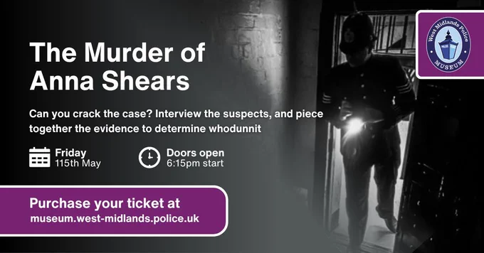 An advert for a murder mystery event at the WMP Museum A police officer can be seen entering a cell and shining a light on a body on the floor