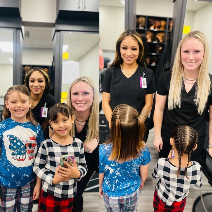 cosmetology students beside girls with braided hair